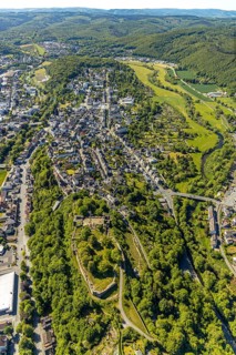 Aerial view, Arnsberg castle ruins, east tower, view of Arnsberg, Arnsberg, Sauerland,