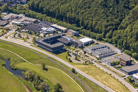 Aerial view, industrial area Altes Feld, vocational training centre Arnsberg, Caritas workshops