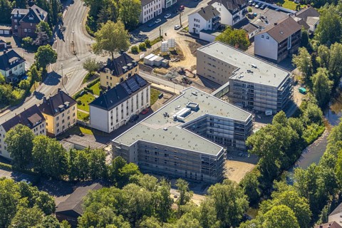 Aerial view, construction site of new care centre, building complex for assisted living,