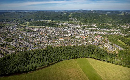 Aerial view, city view, Arnsberg district government, town hall, Arnsberg, forest area, Sauerland,