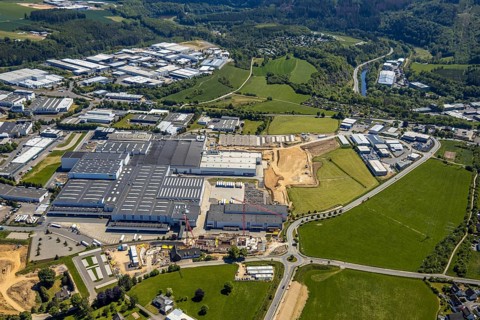 Aerial view, Viega plant Ennest, industrial estate Ennest-Askay, construction site, Attendorn,