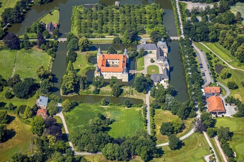 Aerial view, moated castle Westerwinkel, Ascheberg, Münsterland, North Rhine-Westphalia, Germany,