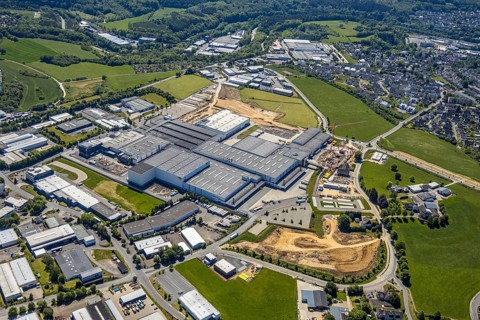 Aerial view, Viega plant Ennest, industrial estate Ennest-Askay, construction site, Attendorn,