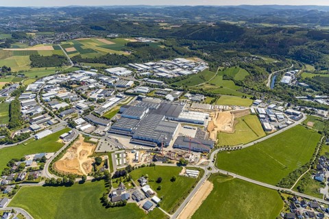 Aerial view, Viega plant Ennest, industrial estate Ennest-Askay, construction site, Attendorn,