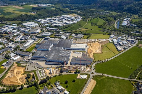 Aerial view, Viega plant Ennest, industrial estate Ennest-Askay, construction site, Attendorn,