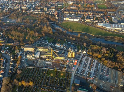 Aerial view, Klinikum Hochsauerland GmbH at Stolte Ley 5 is being expanded, Hüsten, Arnsberg,