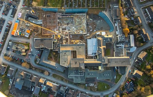 Aerial view, Klinikum Hochsauerland GmbH at Stolte Ley 5 is being expanded, Hüsten, Arnsberg,