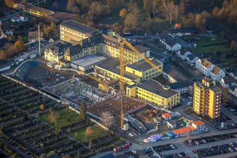 Aerial view, Klinikum Hochsauerland GmbH at Stolte Ley 5 is being expanded, Hüsten, Arnsberg,