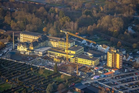 Aerial view, Klinikum Hochsauerland GmbH at Stolte Ley 5 is being expanded, Hüsten, Arnsberg,