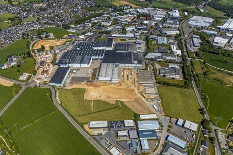 Aerial view, Viega plant Ennest, industrial estate Ennest-Askay, construction site, Attendorn,