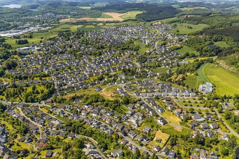 Aerial view, Haus Mutter Anna nursing home, residential area Hahnbeulerkreuz, Attendorn, Sauerland,