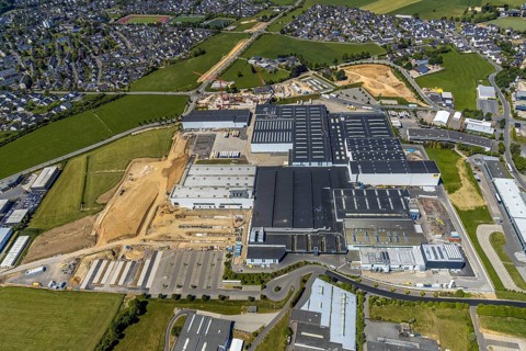 Aerial view, Viega plant Ennest, industrial estate Ennest-Askay, construction site, Attendorn,