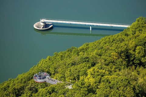 Aerial view, forest area, Biggeblick viewing platform, flood overflow, Attendorn, Sauerland, North