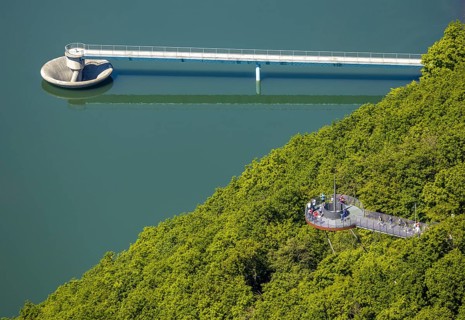Aerial view, forest area, Biggeblick viewing platform, flood overflow, Attendorn, Sauerland, North