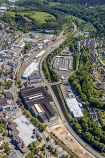 Aerial view, Attendorn railway station, commercial area, Greif site, Hanse Hotel, Attendorn,