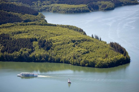 Aerial view, Biggesee, Biggetalsperre, excursion boat, Attendorn, Sauerland, North