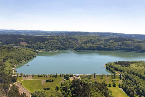 Aerial view, Biggesee, Biggetalsperre, Biggesee dam, Attendorn, Sauerland, North Rhine-Westphalia,