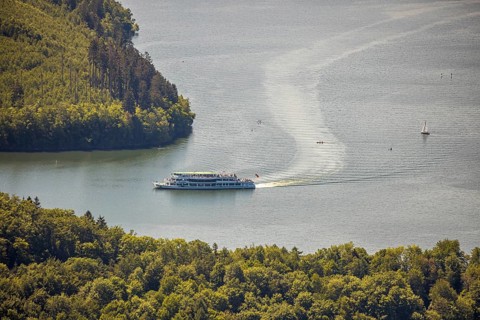 Aerial view, excursion boat Westfalen on the Biggetalsperre, Attendorn, Sauerland, North
