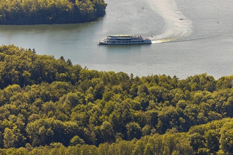 Aerial view, excursion boat Westfalen on the Biggetalsperre, Attendorn, Sauerland, North