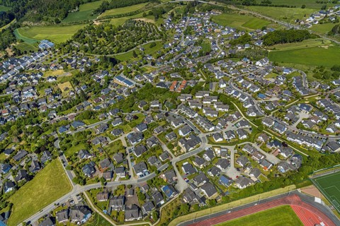 Aerial view, residential area at Hansastadion, Attendorn, Sauerland, North Rhine-Westphalia,