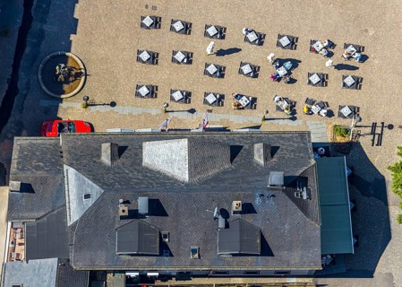 Aerial view, Alter Markt, gastronomy, Attendorn, Sauerland, North Rhine-Westphalia, Germany,