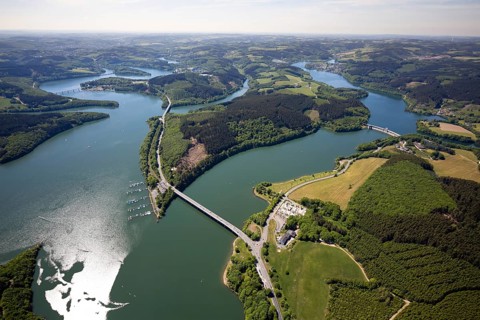 Aerial view, Biggesee, dam, Listertalsperre - dam wall, Yacht-Club Lister am Biggesee, bridge,