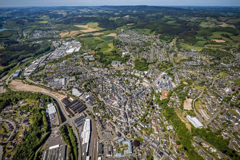 Aerial view, townscape, railway station Attendorn, commercial area Kölner Straße, Attendorn,
