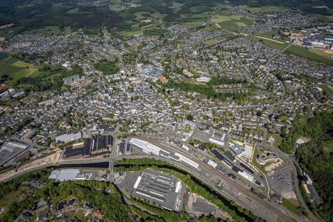 Aerial view, townscape, Attendorn railway station, Attendorn entrance, Hanse Hotel, Attendorn,