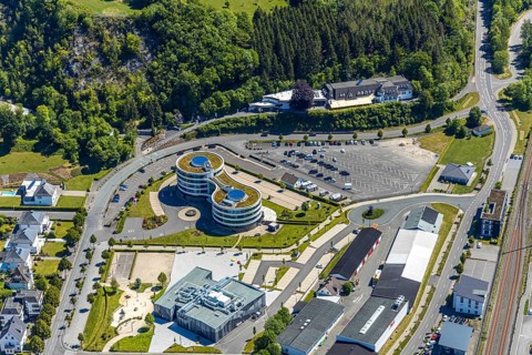 Aerial photo, HANSE HOTEL Attendorn, cave restaurant Himmelreich, Attendorn, Sauerland, North