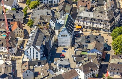Aerial view, residential buildings Alter Markt, old town, roof garden, Attendorn, Sauerland, North