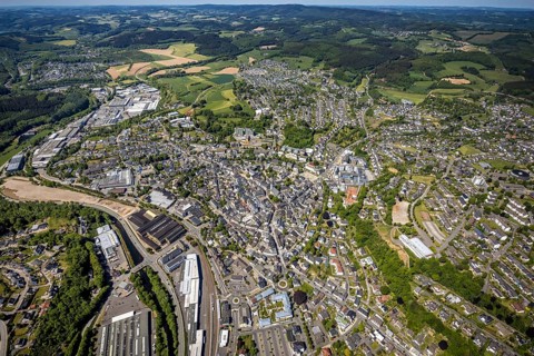 Aerial view, townscape, railway station Attendorn, commercial area Kölner Straße, Attendorn,