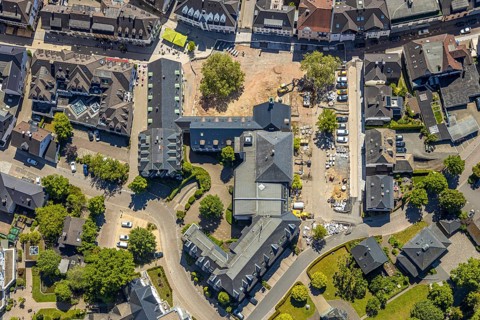 Aerial view, city administration town hall Attendorn, savings bank, building site, Attendorn,