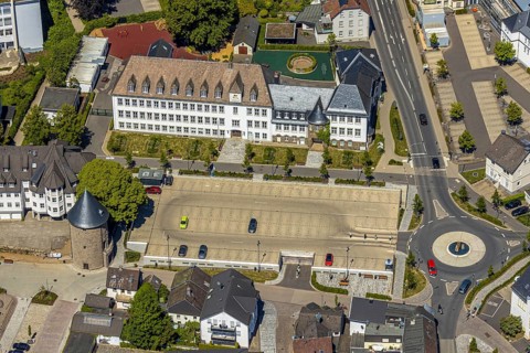 Aerial view, Bieketurm, parking deck Feuerteich, catholic catholic sun school, Attendorn,