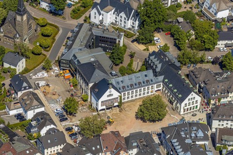 Aerial view, city administration town hall Attendorn, savings bank, building site, Attendorn,