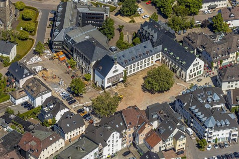 Aerial view, city administration town hall Attendorn, savings bank, building site, Attendorn,
