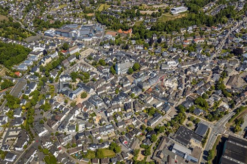 Aerial view, city view, Viega Attendorn Campus, catholic church St. Johannes Baptist, Attendorn,