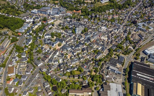 Aerial view, city view, Viega Attendorn Campus, catholic church St. Johannes Baptist, Attendorn,