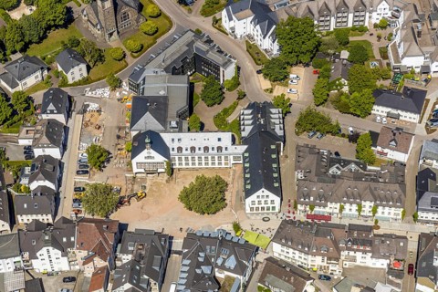 Aerial view, city administration town hall Attendorn, savings bank, building site, Attendorn,