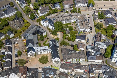 Aerial view, city administration town hall Attendorn, savings bank, building site, Attendorn,