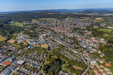 Aerial view, town centre, catholic church St. Peter and Paul, Bad Driburg, East Westphalia-Lippe,