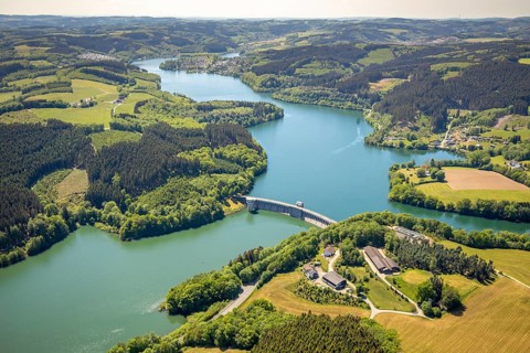 Aerial view, Lister dam, dam wall, Attendorn, Sauerland, North Rhine-Westphalia, Germany, DE,