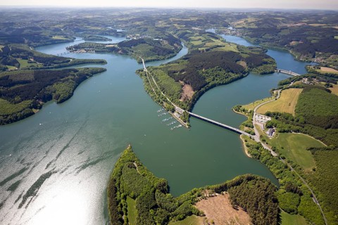 Aerial view, Biggesee, dam, Listertalsperre - dam wall, Yacht-Club Lister am Biggesee, bridge,