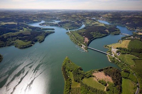 Aerial view, Biggesee, dam, Listertalsperre - dam wall, Yacht-Club Lister am Biggesee, bridge,