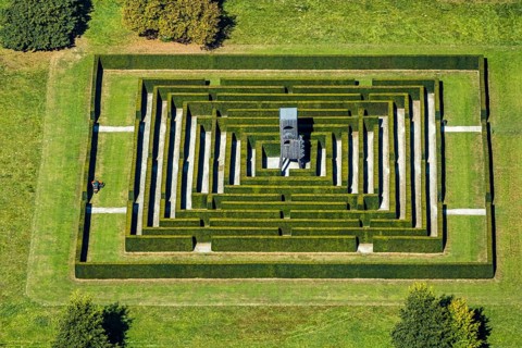 Aerial view, Gräflicher Park Health & Balance Resort, head and body sculpture, walk-in labyrinth,