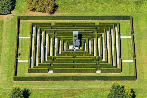 Aerial view, Gräflicher Park Health & Balance Resort, head and body sculpture, walk-in labyrinth,