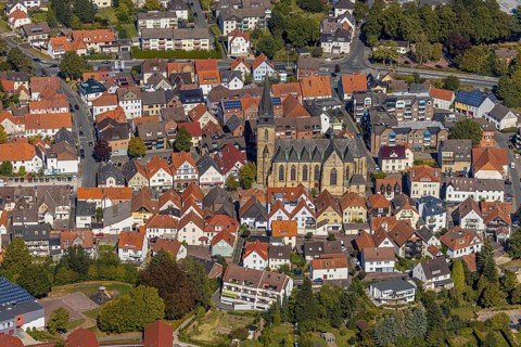 Aerial view, town centre, catholic church St. Peter and Paul, Bad Driburg, East Westphalia-Lippe,
