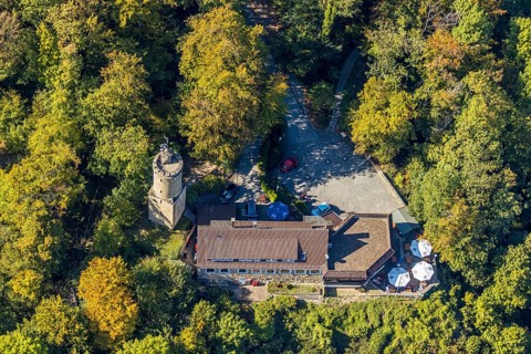 Aerial view, Iburg, Kaiser-Karls-Turm, Sachsenklause, Bad Driburg, Ostwestfalen-Lippe, North