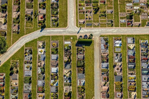 Aerial view, cemetery Lange Straße, Bad Driburg, Ostwestfalen-Lippe, North Rhine-Westphalia,