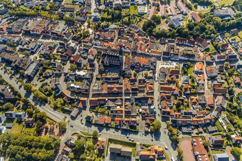Aerial view, town centre, catholic church St. Peter and Paul, Bad Driburg, East Westphalia-Lippe,