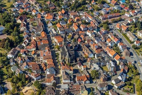 Aerial view, town centre, catholic church St. Peter and Paul, Bad Driburg, East Westphalia-Lippe,